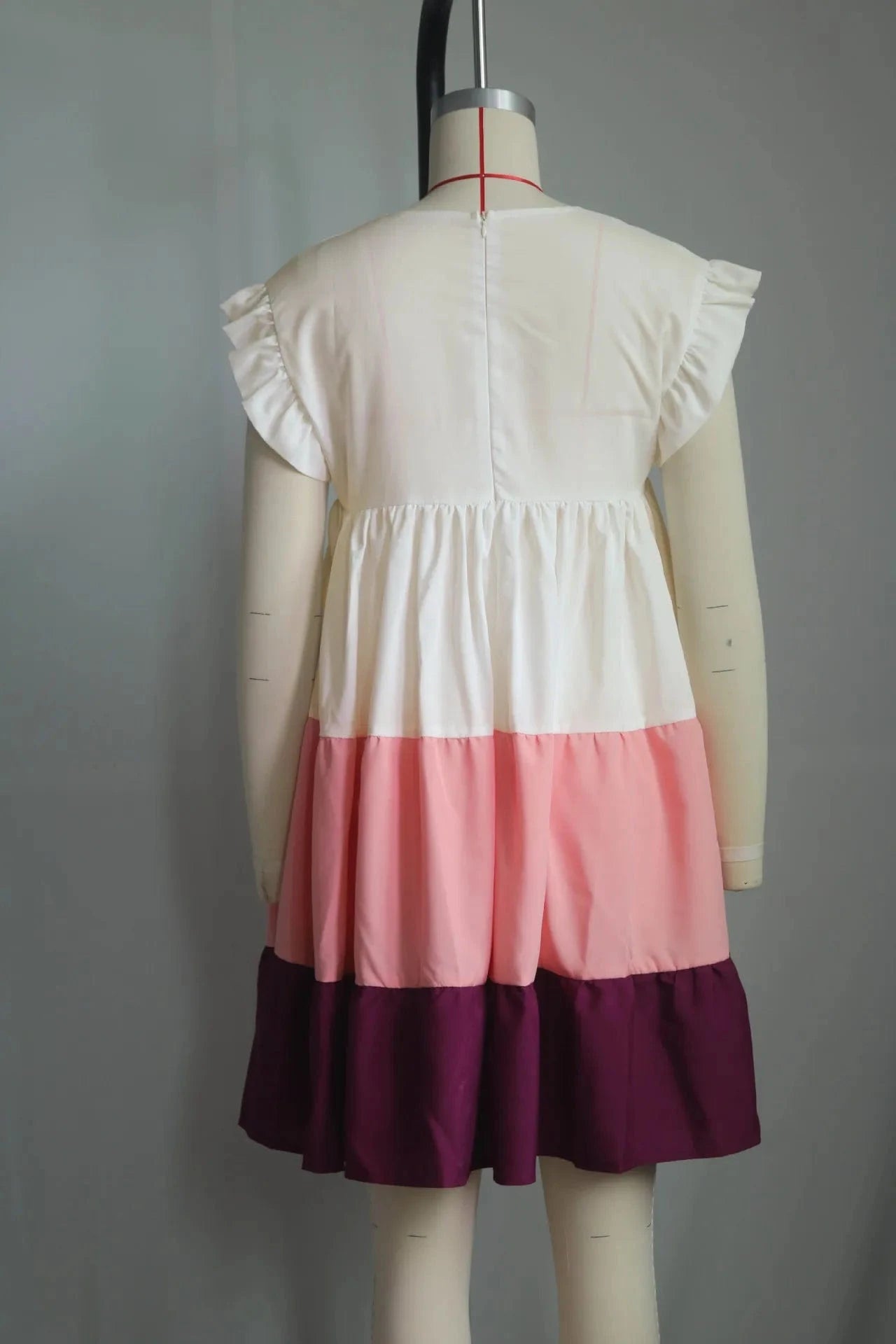 S-XXL Spring/Summer Round Neck Ruffle Edge Sleeves Contrast Panel Large hem Loose fitting Dress