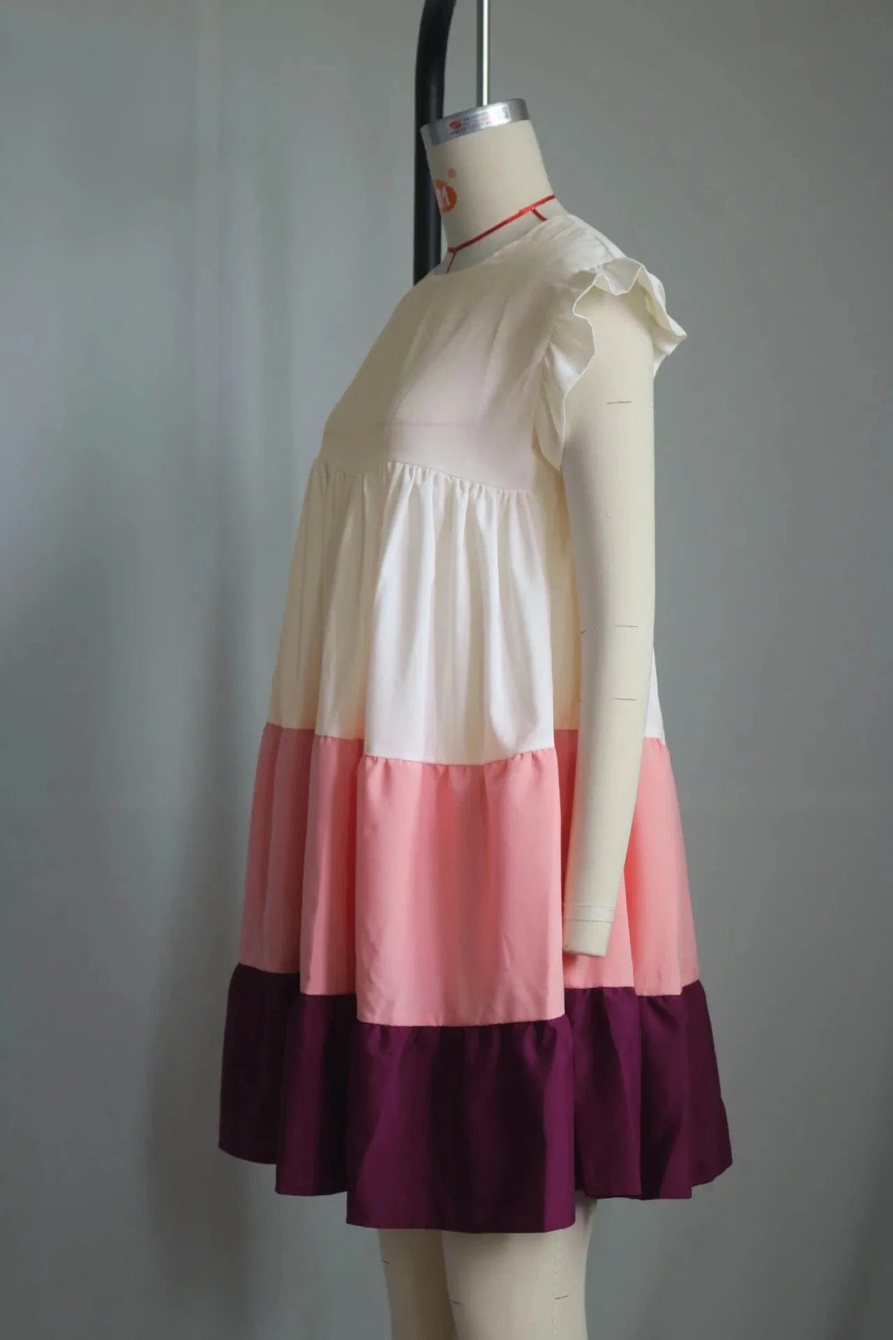 S-XXL Spring/Summer Round Neck Ruffle Edge Sleeves Contrast Panel Large hem Loose fitting Dress