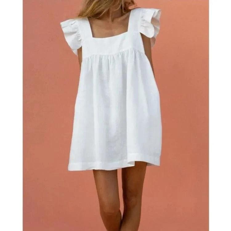 S-XXL Summer New Dress Fragmented print color blocking square neck ruffle edge sleeve solid color large hem dress