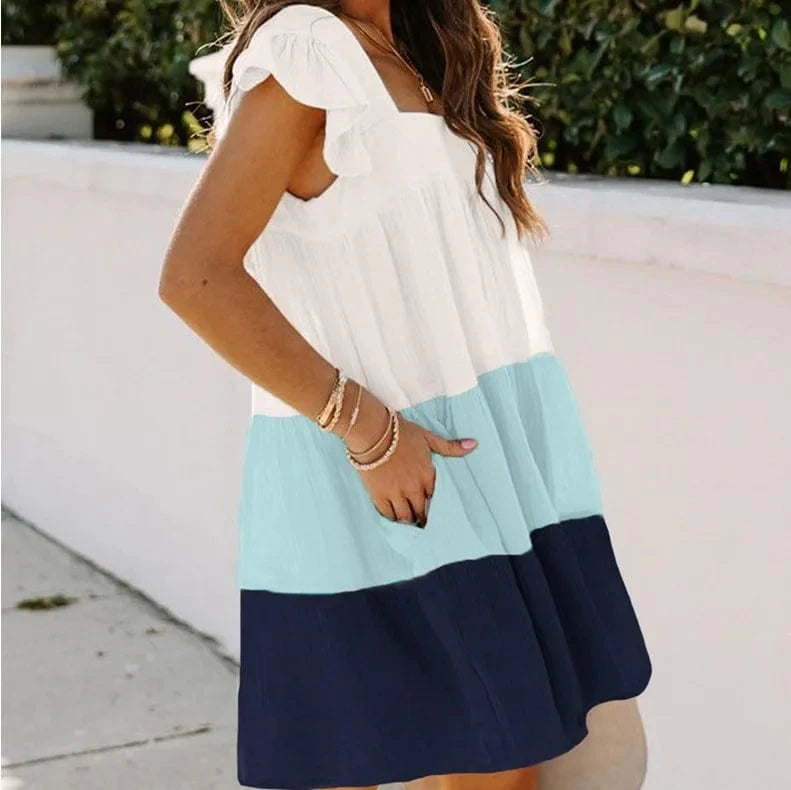 S-XXL Women's New Dress Double layered color blocking square neckline medium length swing skirt