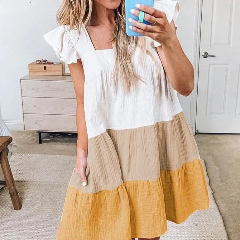 S-XXL Women's New Dress Double layered color blocking square neckline medium length swing skirt