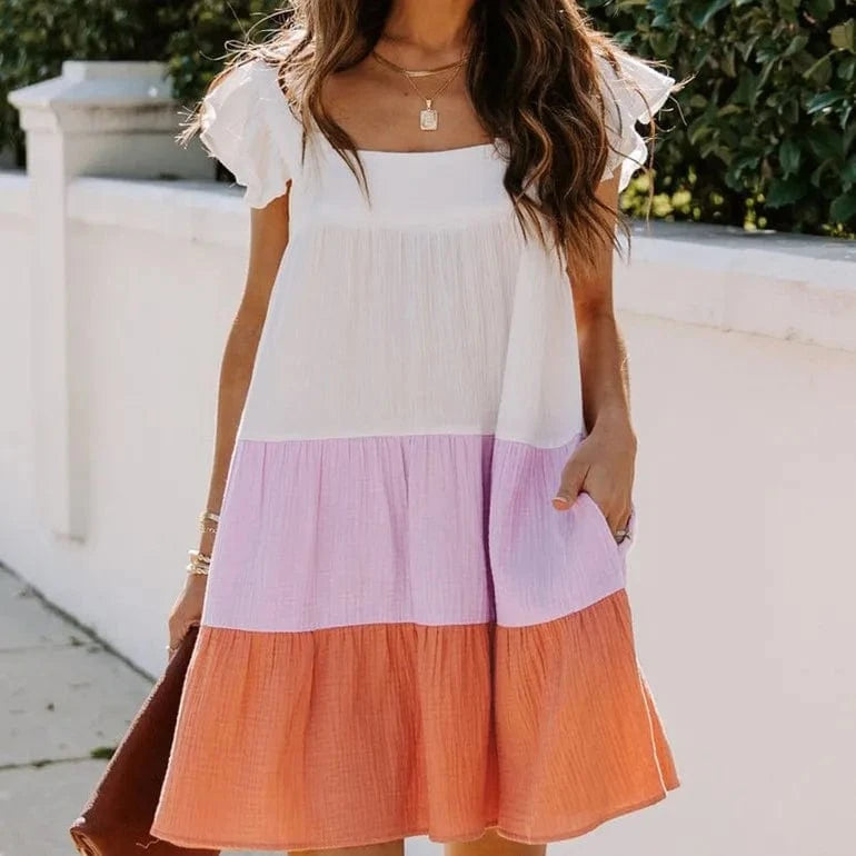 S-XXL Women's New Dress Double layered color blocking square neckline medium length swing skirt