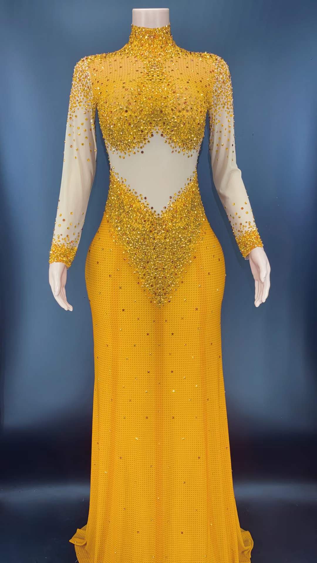 S / Yellow AD1154 Long Sleeve Crystal Evening Gowns Party Beading Sequin Exotic Dancewear Women Night Club Outfits