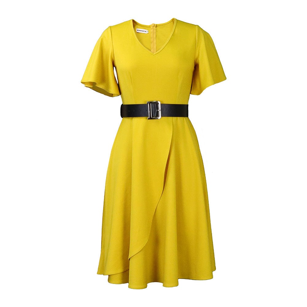 S / Yellow C1102ME77 New Arrival Casual Solid Color Pleated A-Line Dress Women With Belt Sehe Fashion