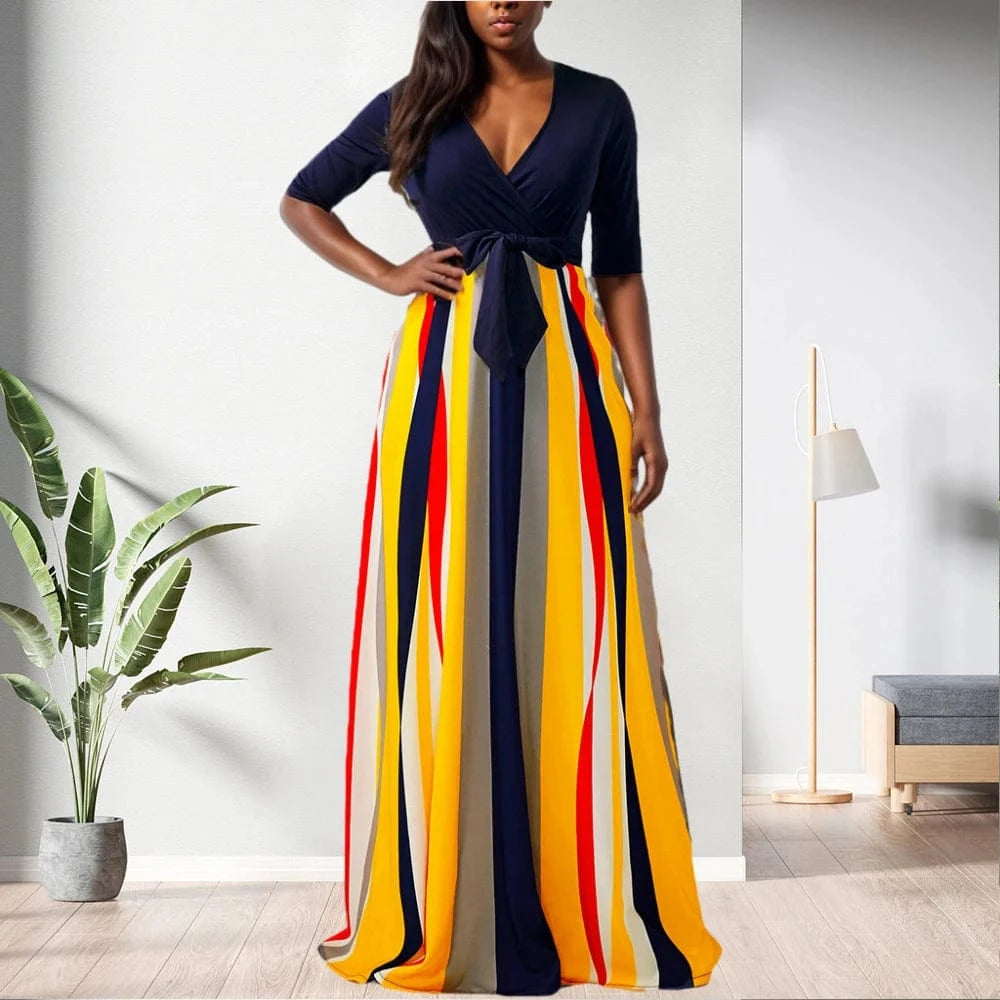 S / Yellow D1202ST30 New Trend Stripe Print Wrap Long Midi Dress Sehe Fashion