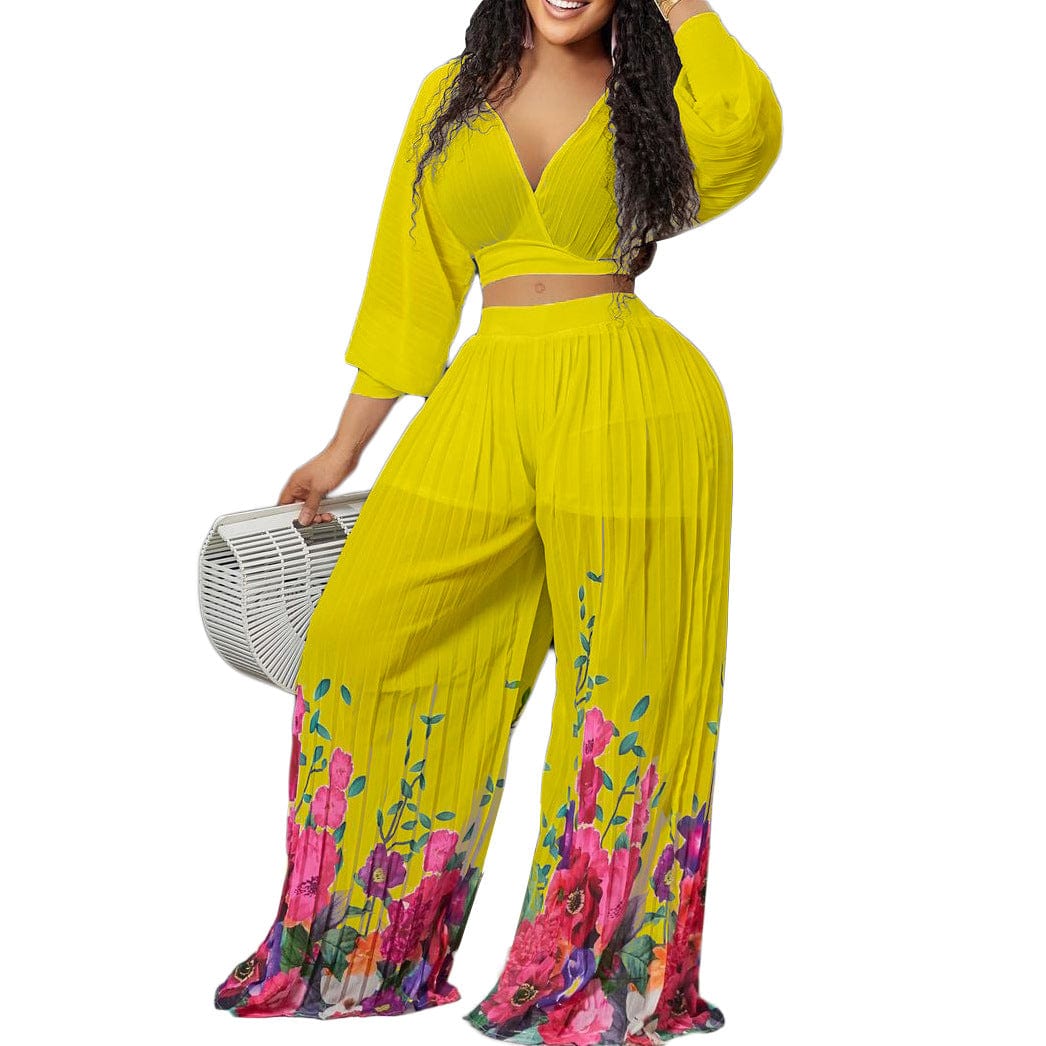 S / Yellow D273 2023 New Arrivals Floral Printed Pleated Pants Set Women Sexy V Neck Blouse And Wide Leg Pants Vacation Outfits
