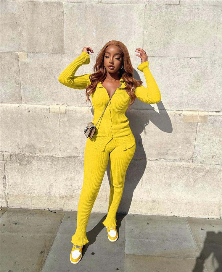 S / Yellow Fashion New Solid Color Long Sleeve Rib Winter 2 Piece Sets For Women Two Piece Pants Set Women