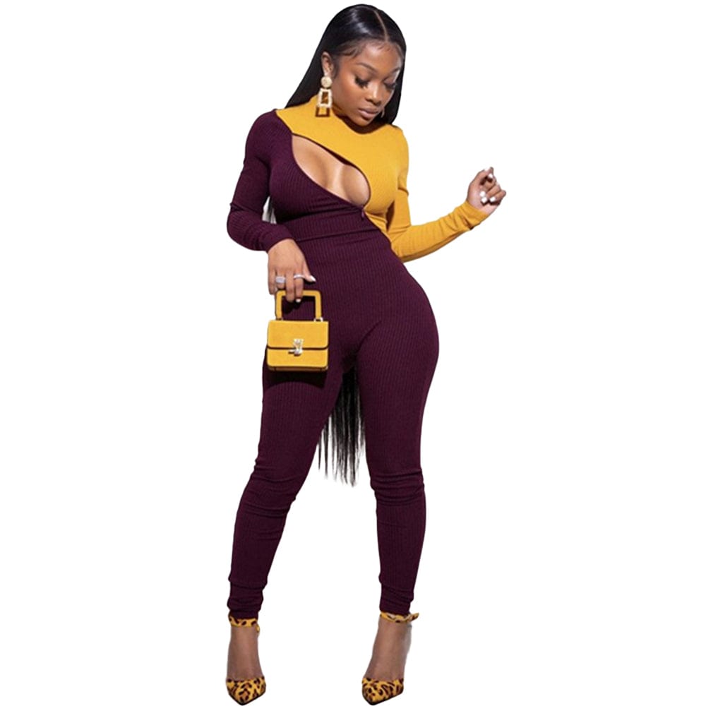 S / Yellow Fashion Women Spring Turtleneck Solid Color Pit Zipper Color Matching One Piece Bodycon Jumpsuit
