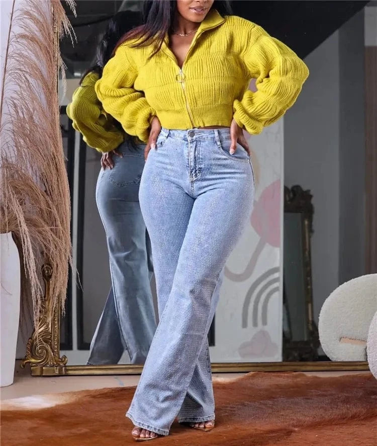 S / Yellow Female Lotus Lantern Long Sleeves Cardigans Zip Up Sweaters Knit Coats Woman