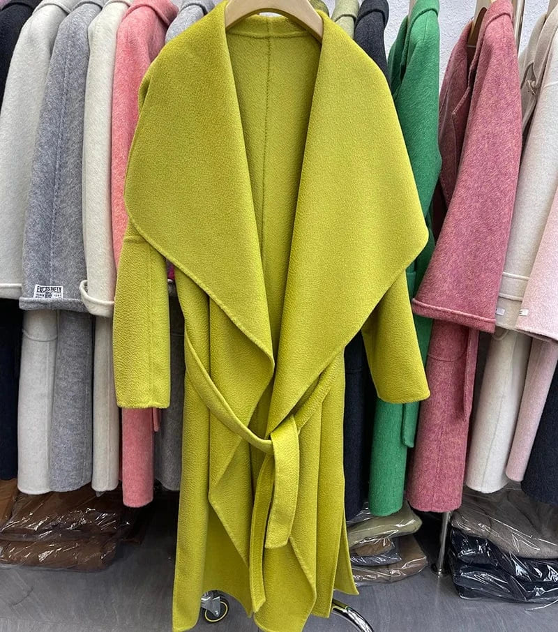 S / Yellow High Quality Turn Down Collar Water Ripple Wool Coat Handmade Long Cashmere Trench Coat with Belt