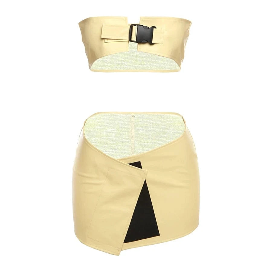 S / Yellow Kliou K23S40315 Buckle Wrapped Chest Sleeveless Crop Tops+High Waist Skirt 2 Piece Set Ladies Solid Leather Women's Set
