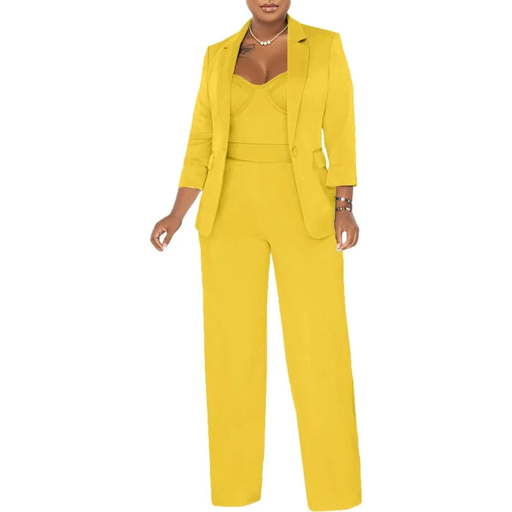 S / Yellow L2917 Solid Color Blazer & Wide Leg Jumpsuit Two Piece Set