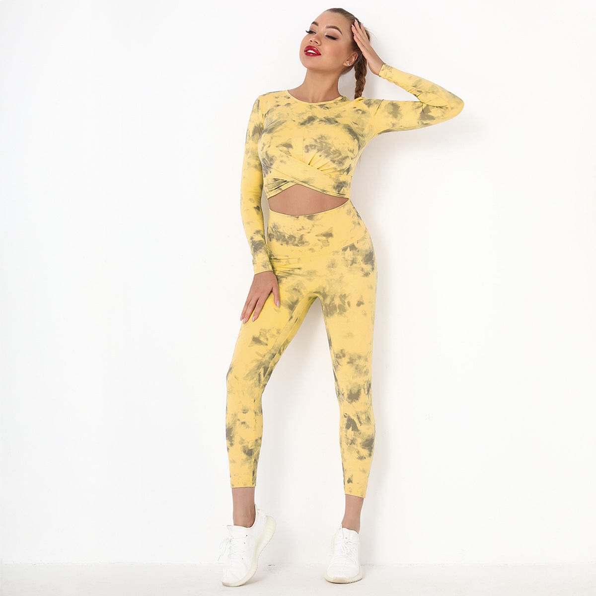 S / Yellow New tie dyed yoga clothes in Europe and America naked feeling frosting sports long sleeve fitness sports pants Yoga Fitness suit