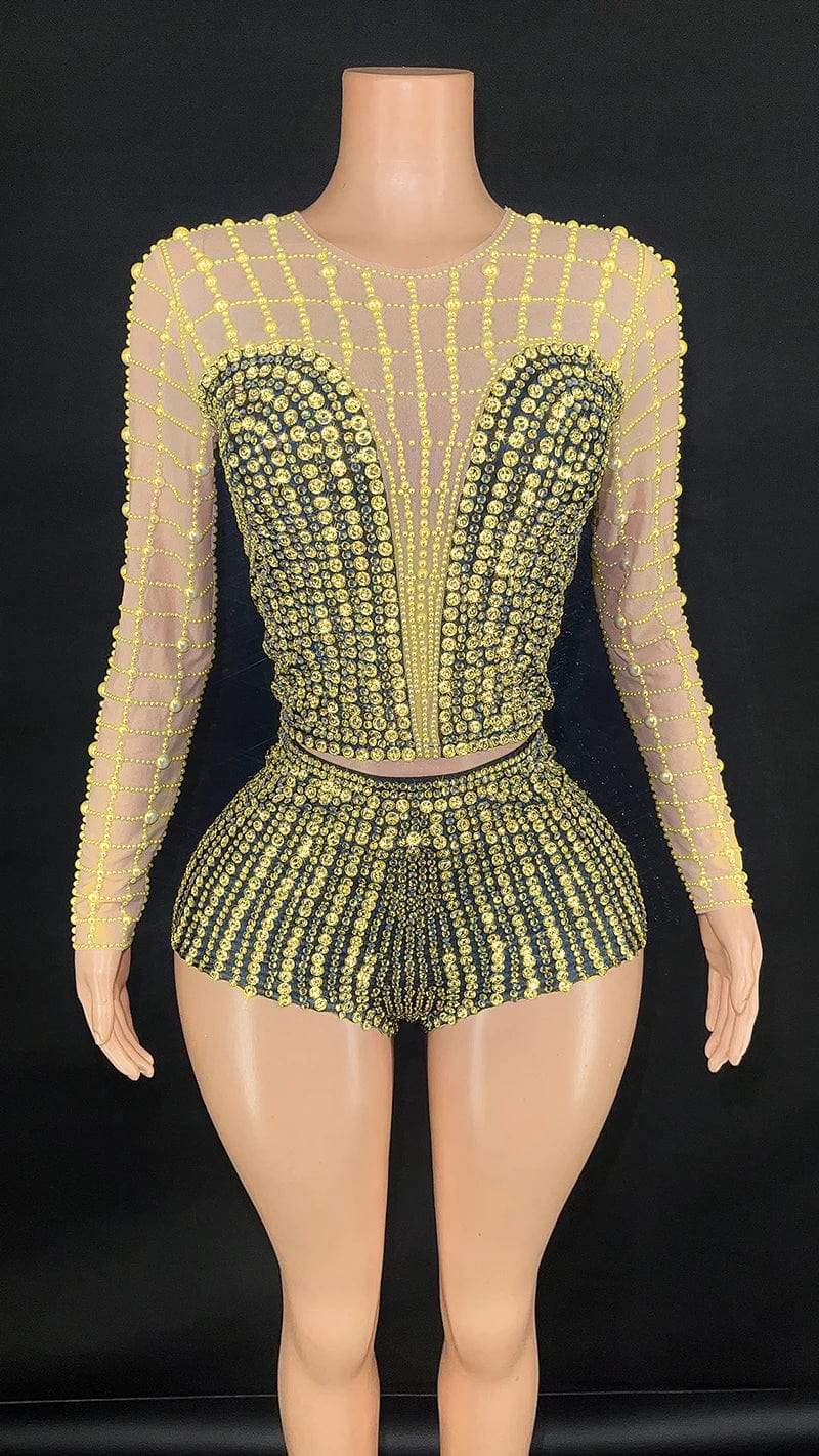 S / Yellow Novance Y3423 New Fashion Clothes for Women  Sexy Bodycon Lady Elegant Party Evening Women's Long Sleeve Tops with Crystal Beads