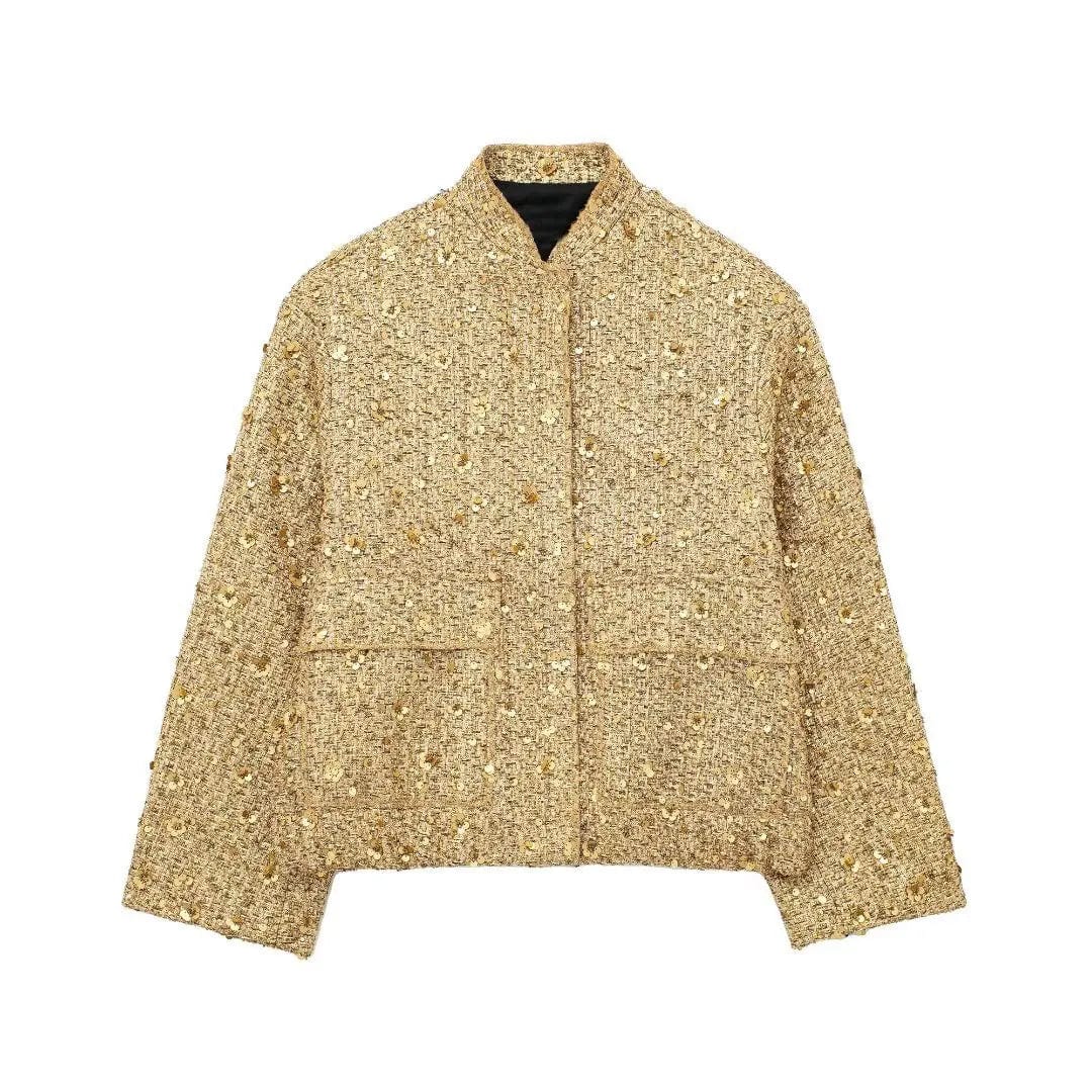 S / Yellow OUDINA Wholesale Spring Original Quality Elasticity Pockets Crystal Sequins Jackets Coat Womens Bomber Jacket
