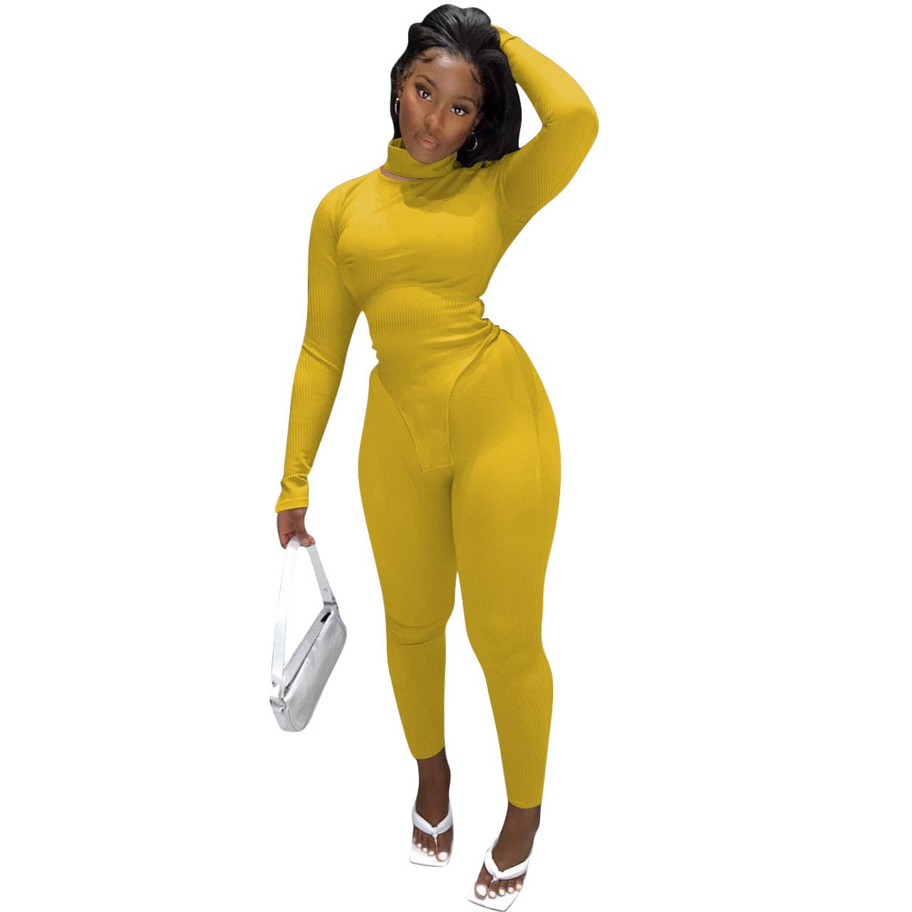 S / Yellow Ribbed Women Clothes Casual Solid Jogger 2 Piece Set Long Sleeve Turtleneck Two Piece Sets for Women Clothing