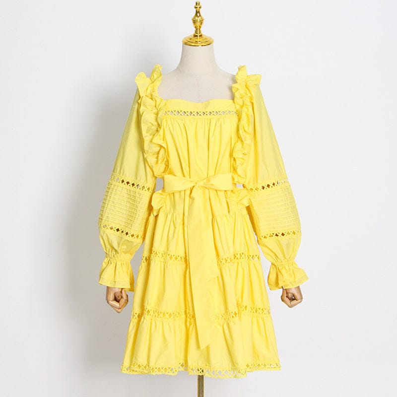 S / Yellow Ropa Para Mujer Elegant Solid Color Ruffled Dress Women's 2022 Autumn New One-word Collar Hollow Embroidery Lace-up Dress