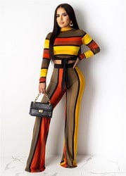 S / Yellow S3849 Fashion long sleeve t shirt wide leg pants color stripe printing two piece set for woman