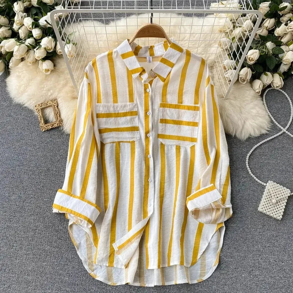 S / Yellow Spring And Autumn Women's New Mid-length Vertical Stripes Multi-color Shirt Lapel Coat Female Casual Loose Blouse