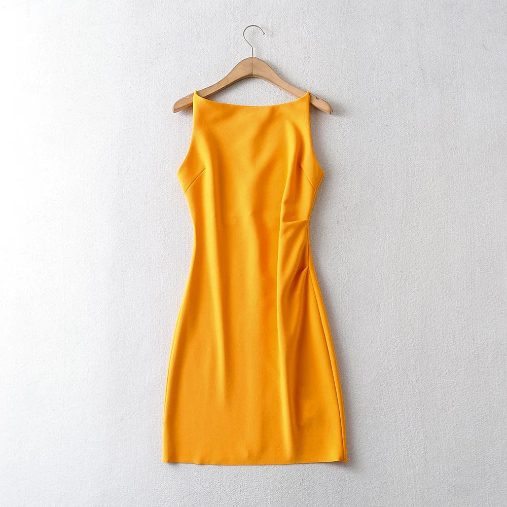 S / Yellow Summer One shoulder Vest Elegant Summer New Style Pleated A-line Ruched Midi Dress