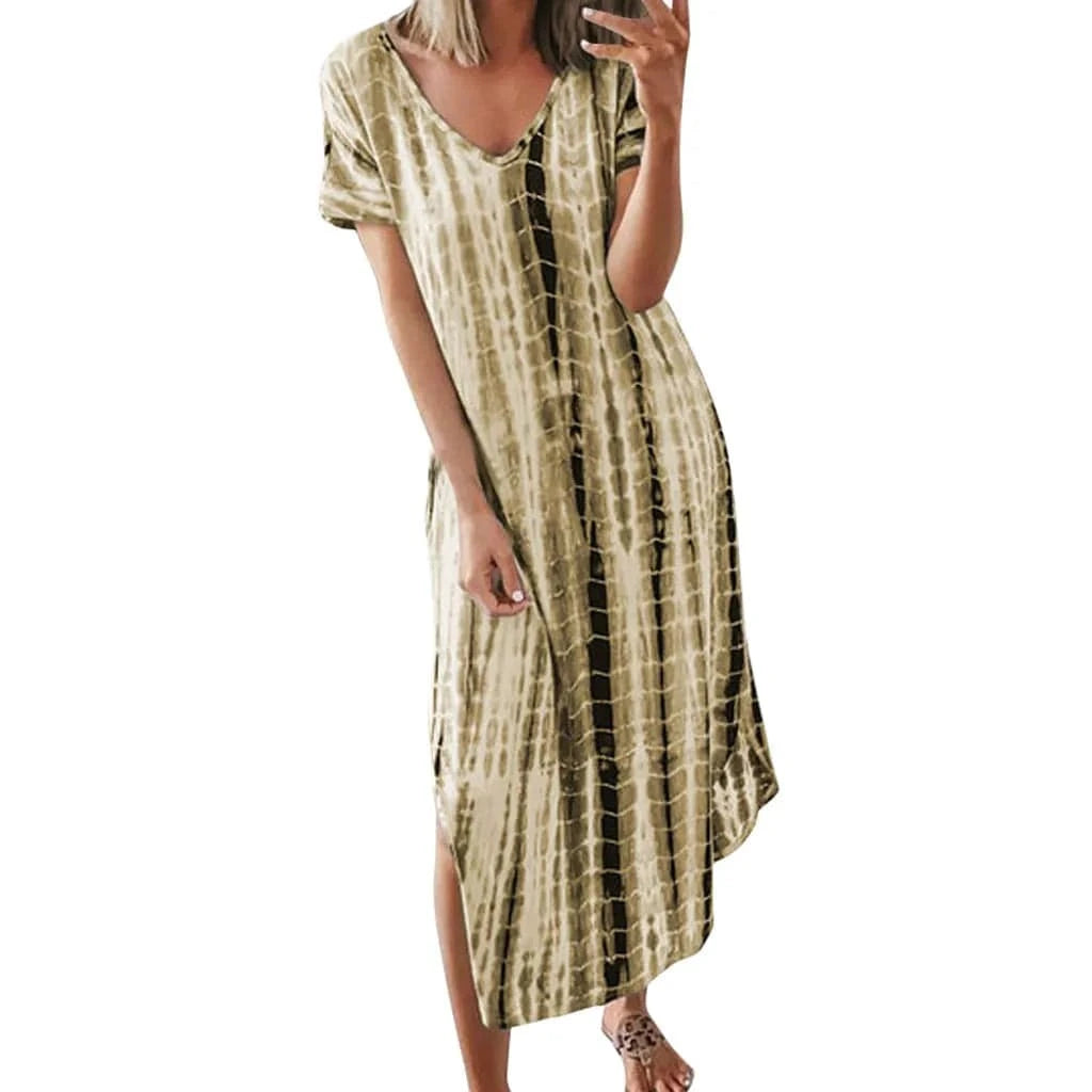 S / Yellow Summer Women Dresses Tie Dye Print Side Split Loose Long Dress Curved Hem V Neck Short Sleeve Maxi Dress EQ1069