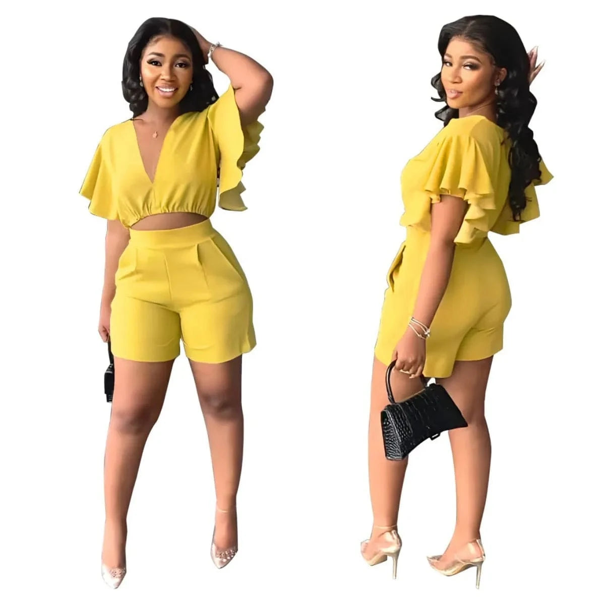 S / Yellow Summer Women's Sets Ruffled Sleeve V-neck Top + High Waist Pocketed Shorts Suit Lady Solid Casual Two Piece Set