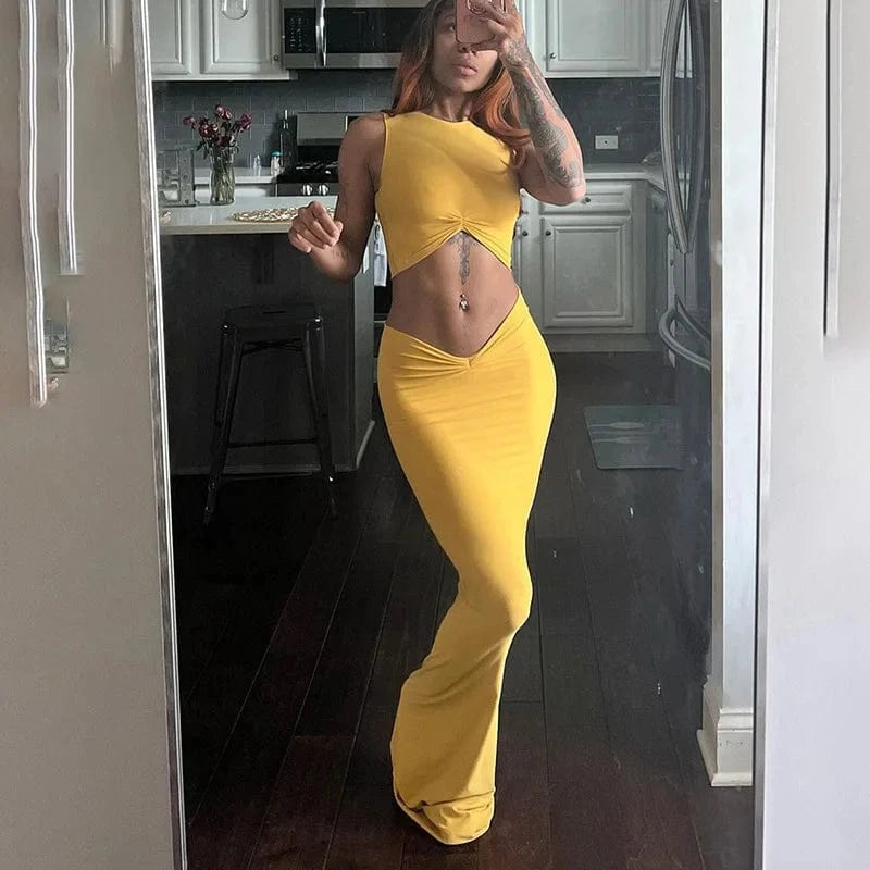 S / Yellow Top Quality Fashion Sexy Sleeveless Cropped Vest Long Dress
