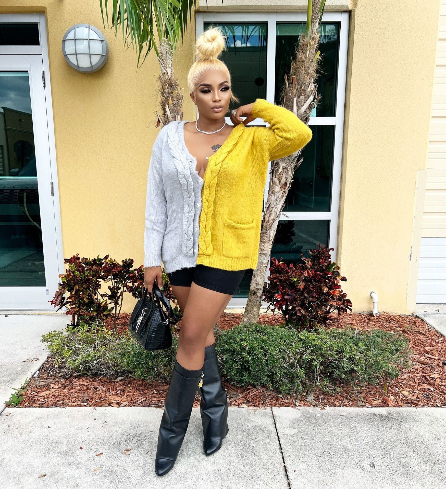 S / Yellow Trendy Women Clothes Casual Solid Contrasting Color Stitching Hand Knitted Sweater Cardigan with Pocket