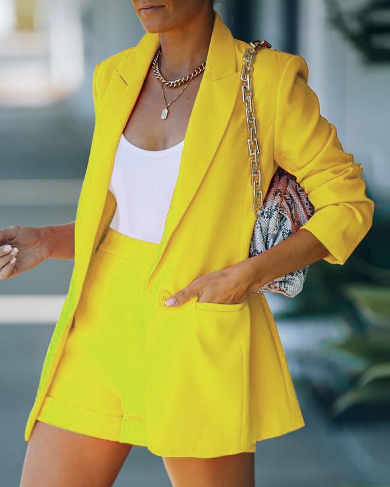 S / Yellow Two Piece Blazer Suit Women Office Sets 2023 Fashion Shorts Solid Lady Casual Blazers Set Long Sleeve Cardigan Blazer Shorts Set