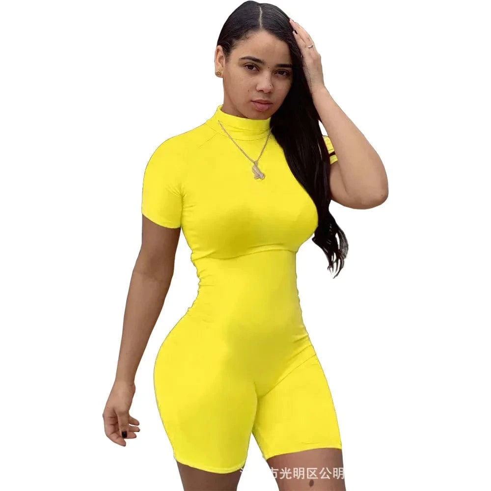 S / Yellow Wholesale Jumpsuits Skinny Short Sleeve Turtle Neck Onesies Playsuit Jumpsuit Summer Bodysuits for Women