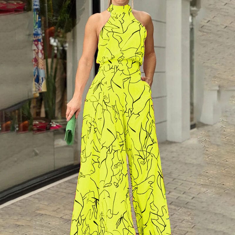 S / Yellow women bodysuit temperament elegant cinched waist strappy sleeveless halterneck wide leg pants ladies printed one piece jumpsuits