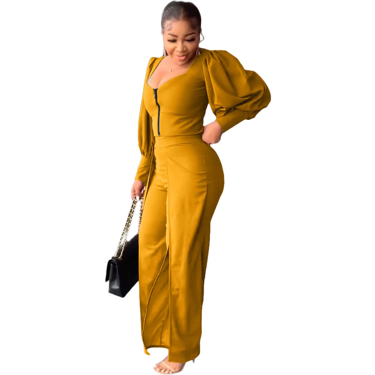 S / Yellow womens sets spring summer women office fashion casual puff sleeve split pants ladies two piece set women's clothing