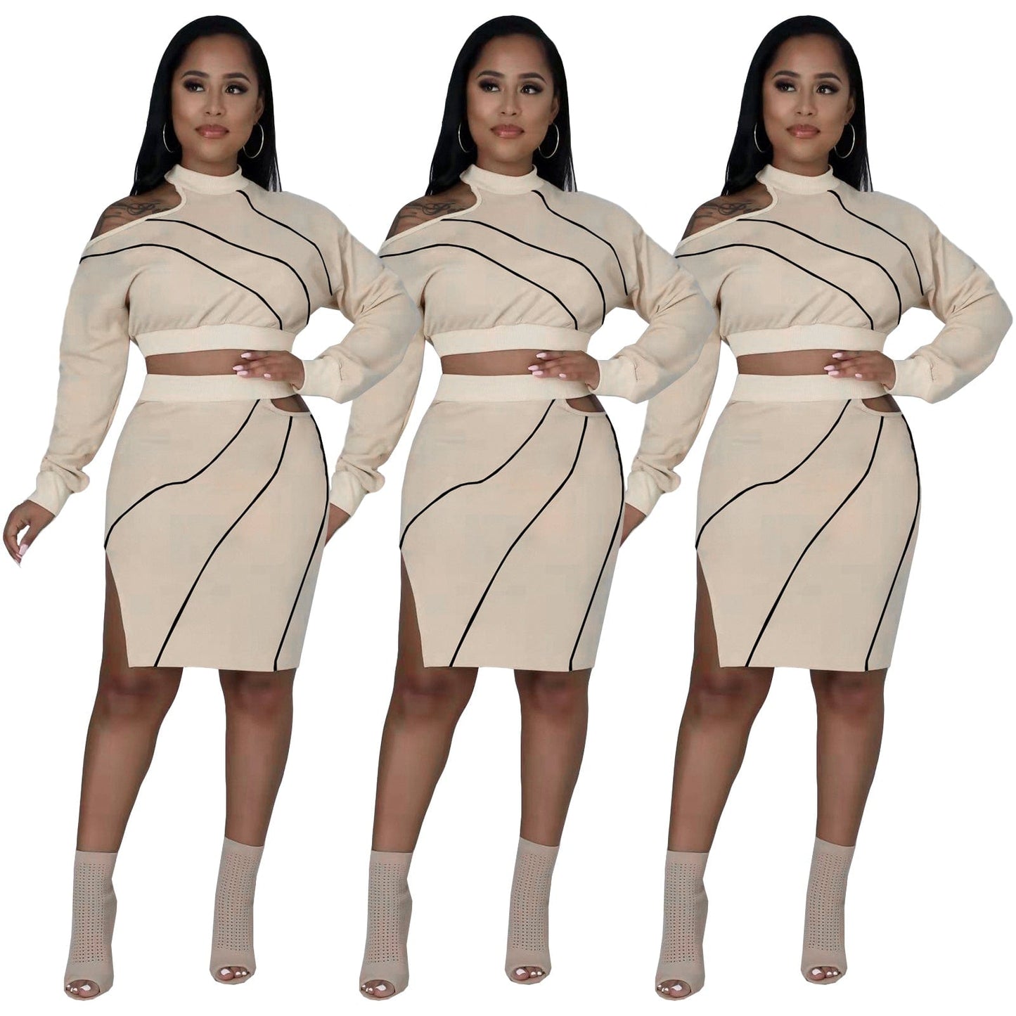 S / YF8056 Fashion Nightclub Clothes Hollow Split Round Neck Two-piece Set
