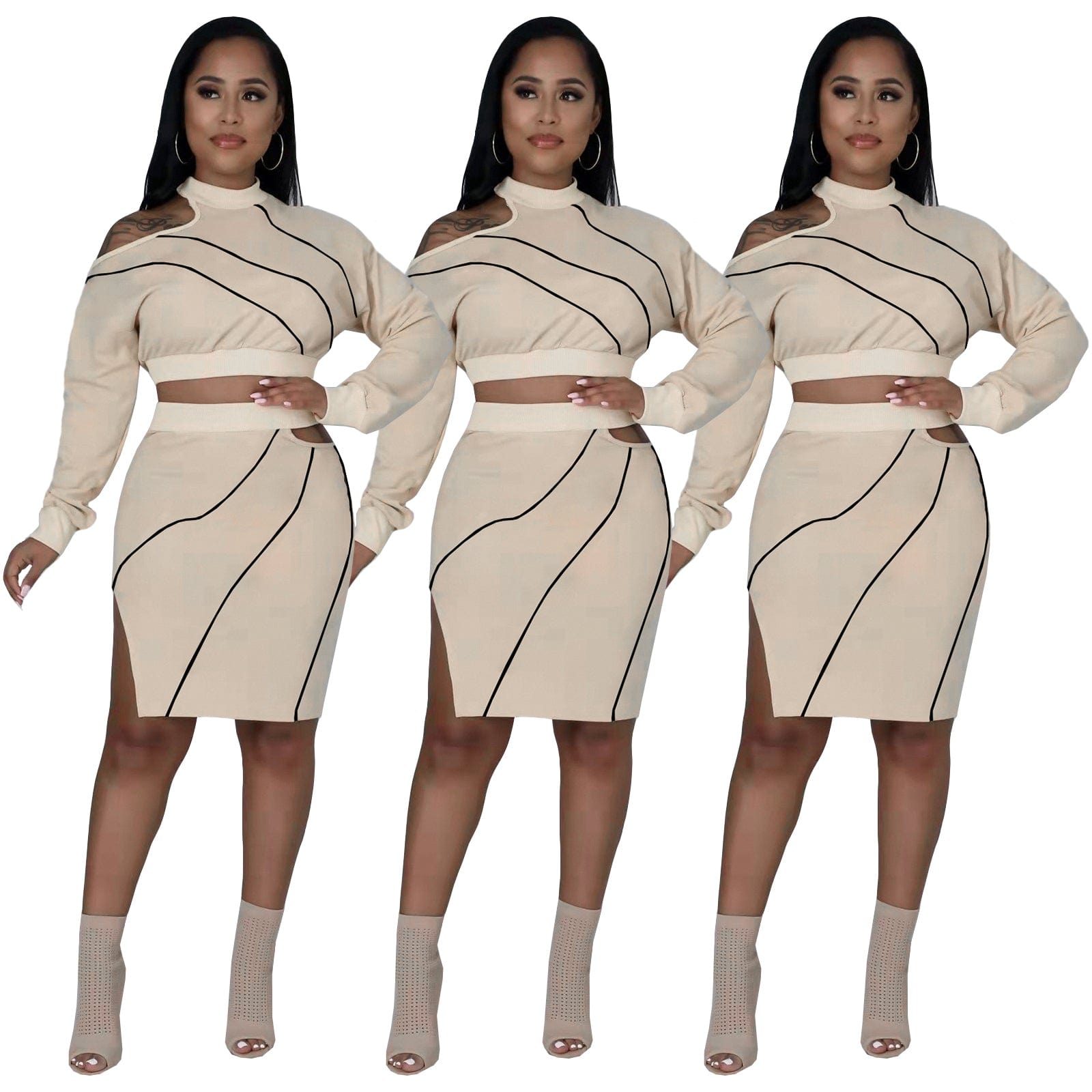 S / YF8056 Fashion Nightclub Clothes Hollow Split Round Neck Two-piece Set