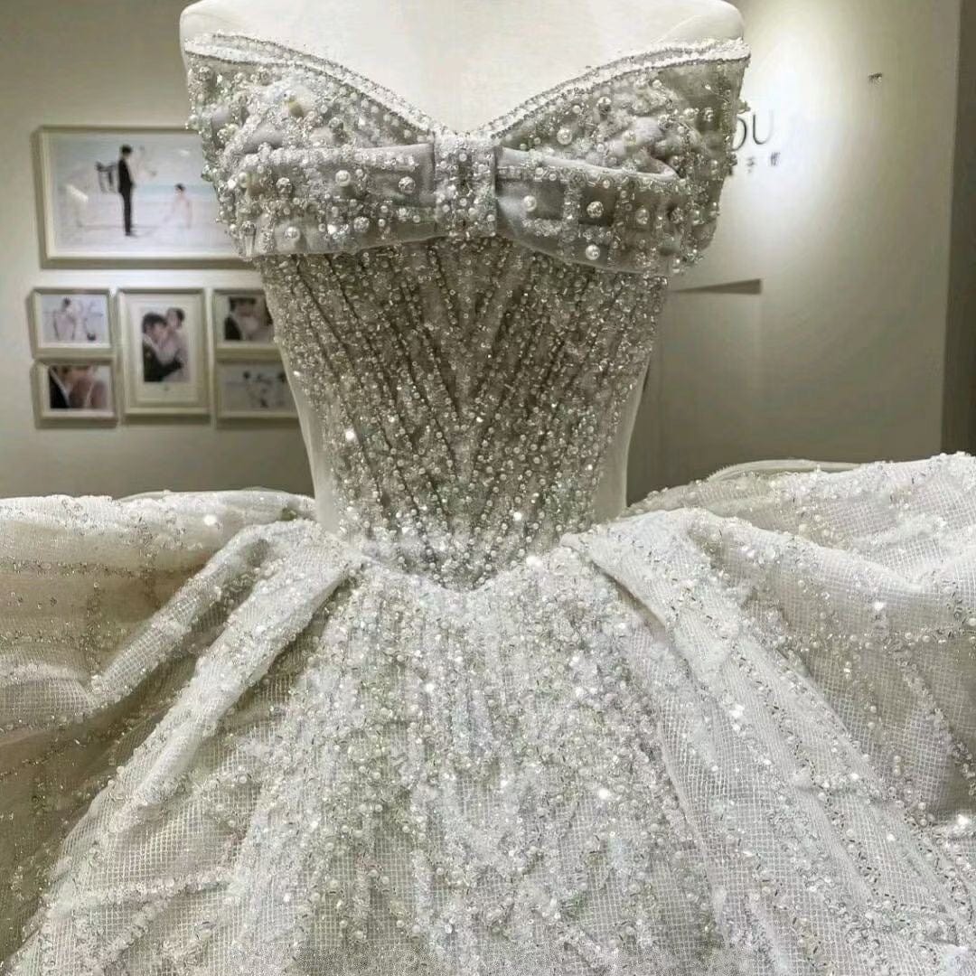 S0206H Luxurious Beaded Diamond Tube Top Sexy Elegant Fairy Puffy Tail Wedding Dress