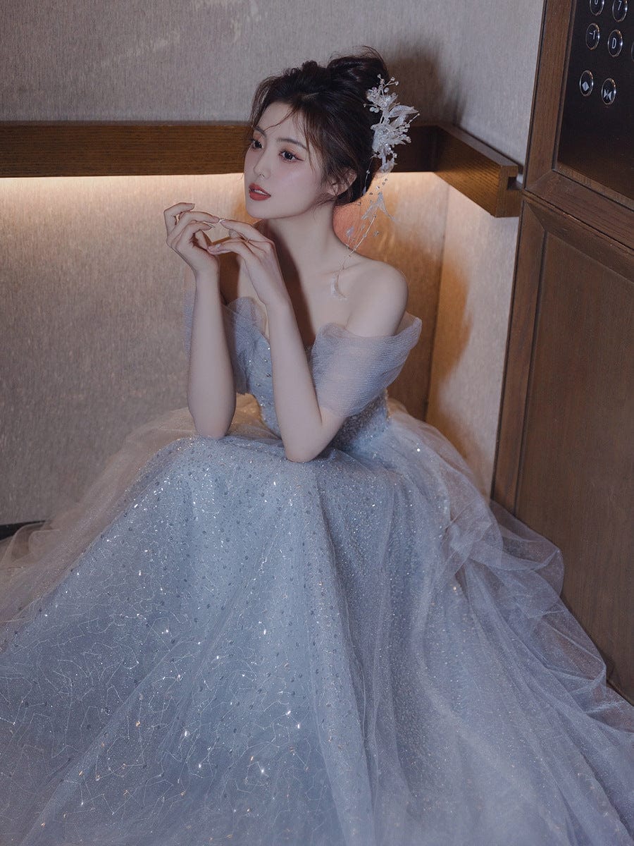 S0570H Haze blue bride dreamy fairy dress art examination banquet performance tube top evening dress