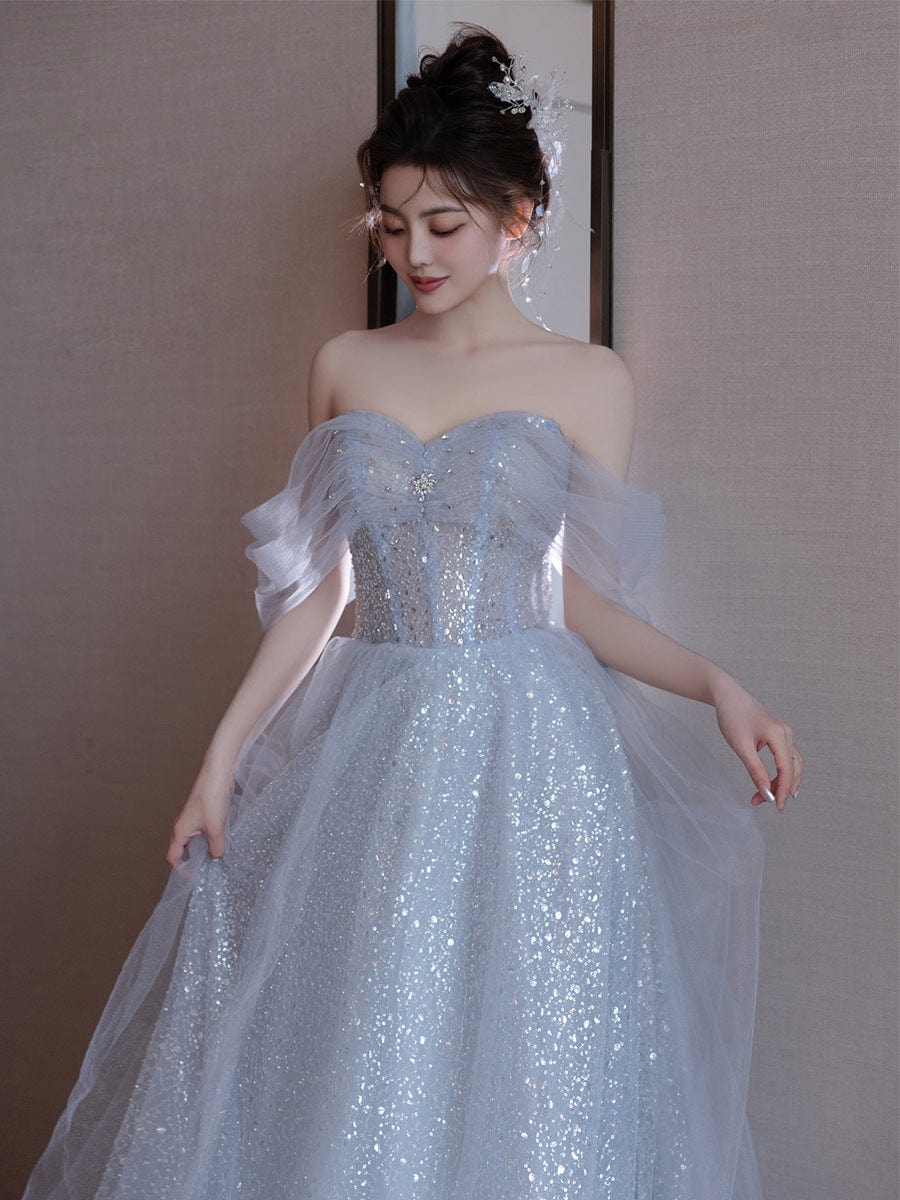 S0570H Haze blue bride dreamy fairy dress art examination banquet performance tube top evening dress