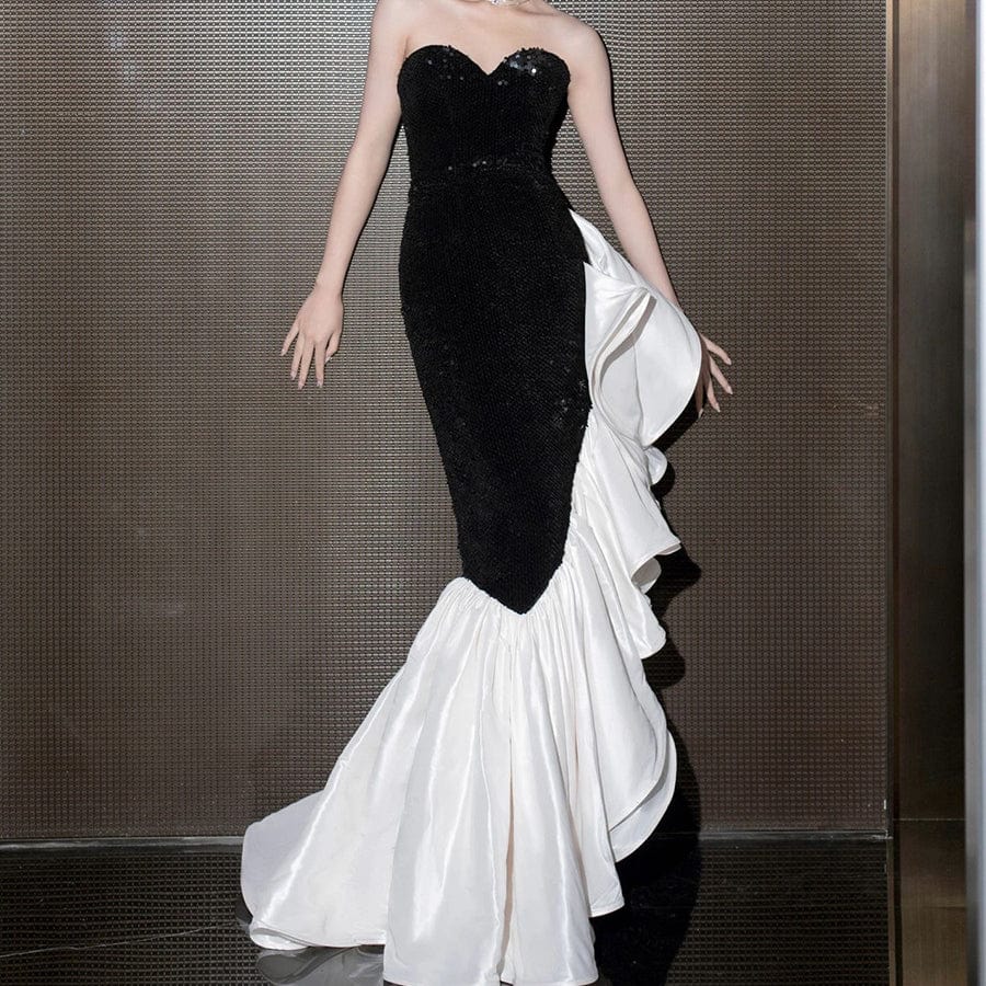 S0573H Black and white color contrast sexy mermaid skirt bridal tube top party retro performance evening dress