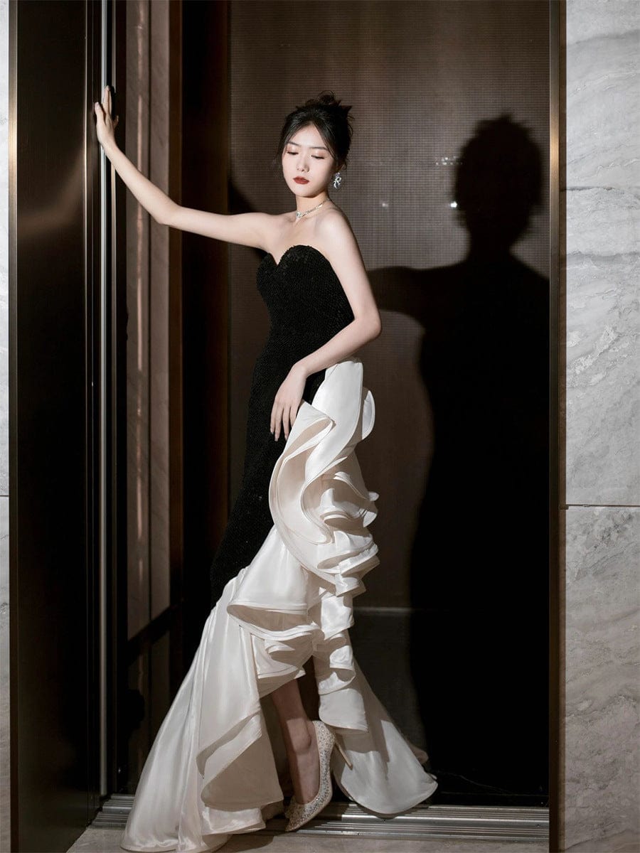 S0573H Black and white color contrast sexy mermaid skirt bridal tube top party retro performance evening dress