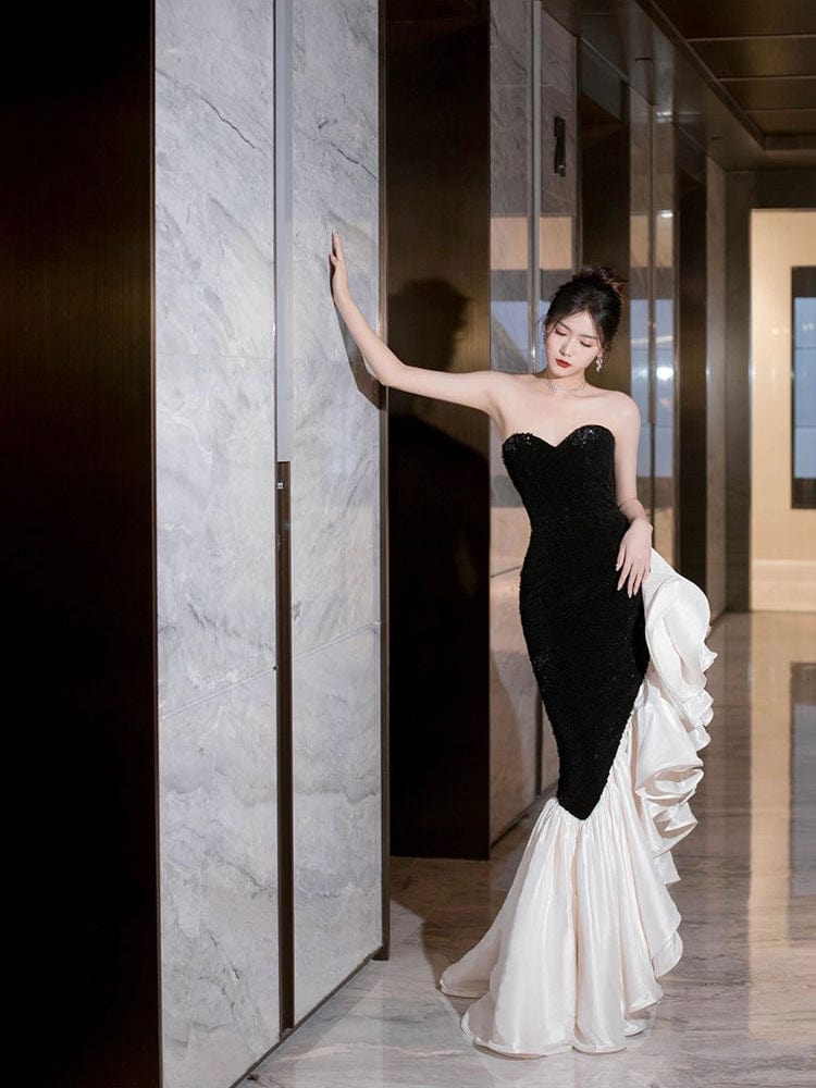 S0573H Black and white color contrast sexy mermaid skirt bridal tube top party retro performance evening dress