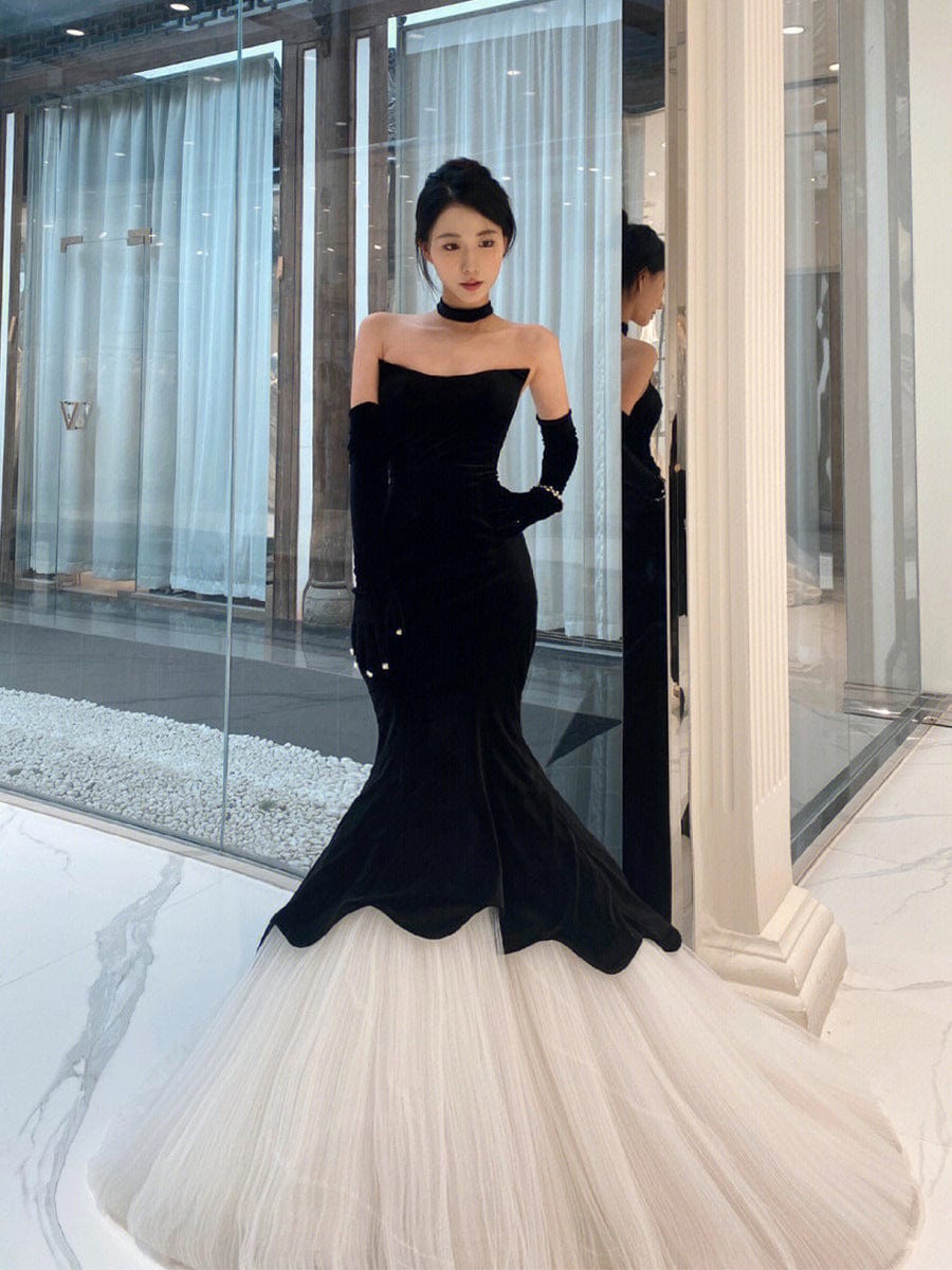 S0575H Bride retro sexy tube top temperament velvet annual banquet mermaid evening dress