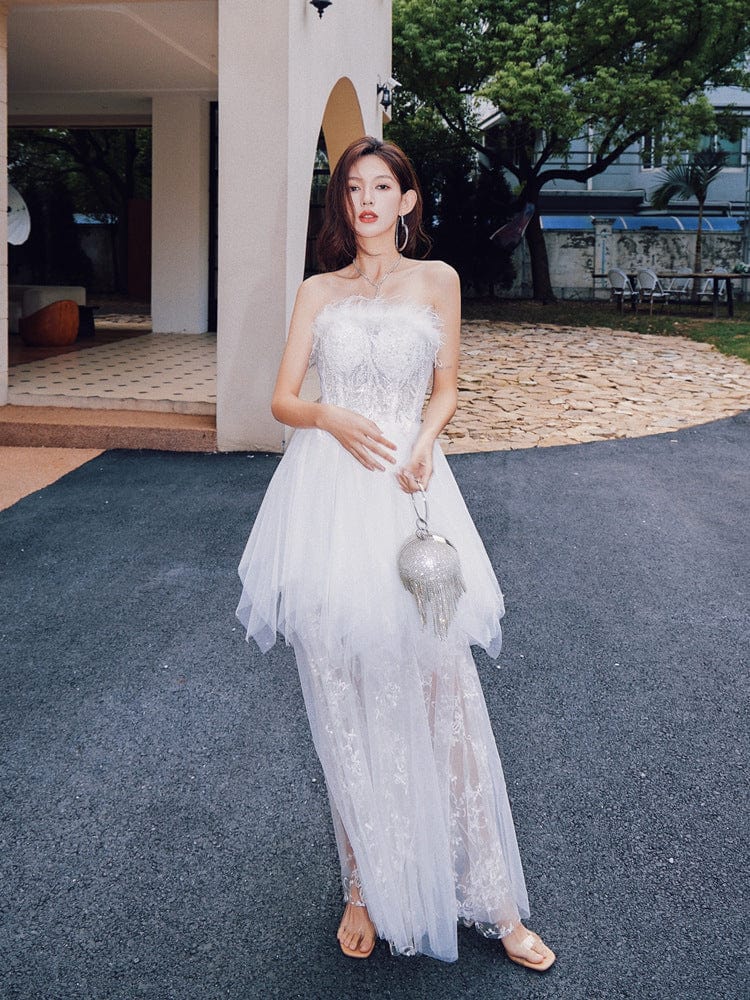 S0739H Heavy Industry Embroidered Feather Tube Top Fashion Design False Two-piece Lace Stitching Evening Dress