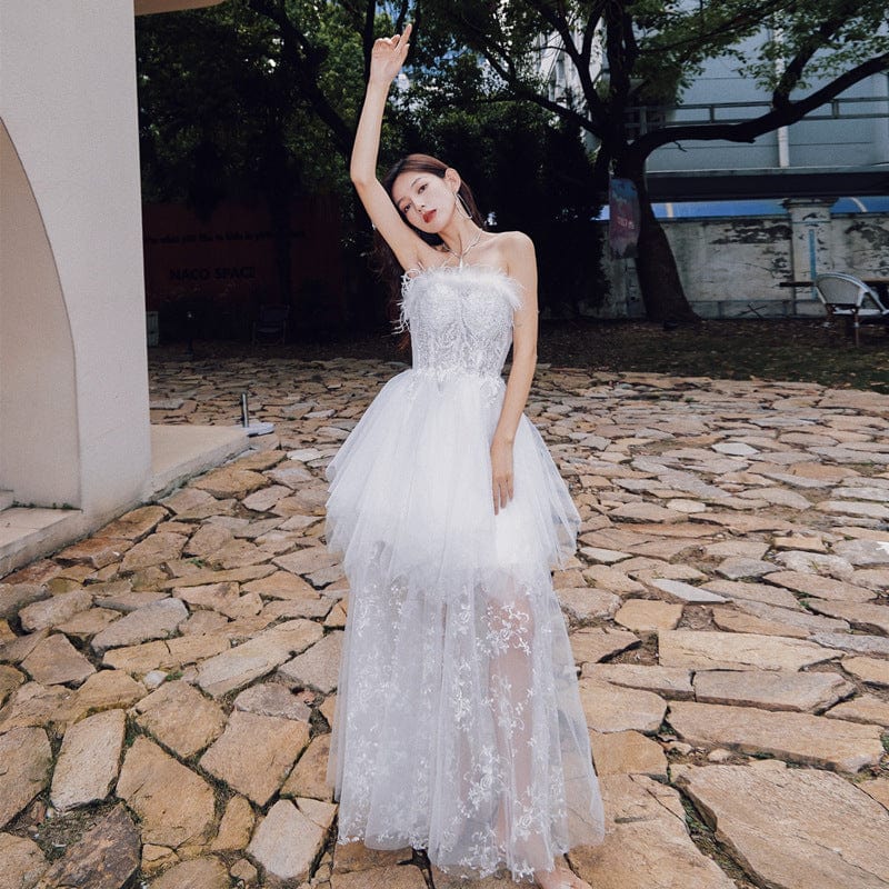 S0739H Heavy Industry Embroidered Feather Tube Top Fashion Design False Two-piece Lace Stitching Evening Dress