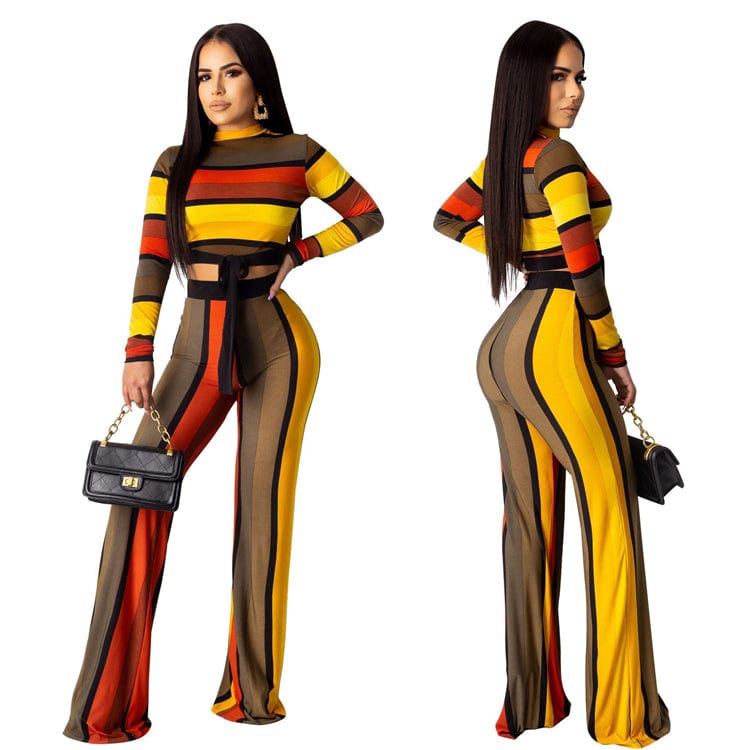 S3849 Fashion long sleeve t shirt wide leg pants color stripe printing two piece set for woman