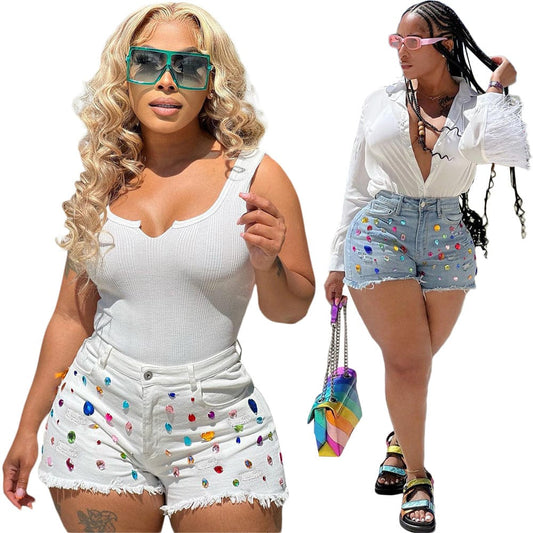 S390317 New Arrivals Tassel Brushed Pots Pattern Denim Shorts Color Diamond Casual Straight Pants Women Jeans