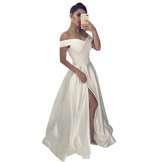 S4056F    2022 New High Quality Customized Plus Size Off Shoulder Bridesmaid Satin Party Graduation elegant Evening Dress