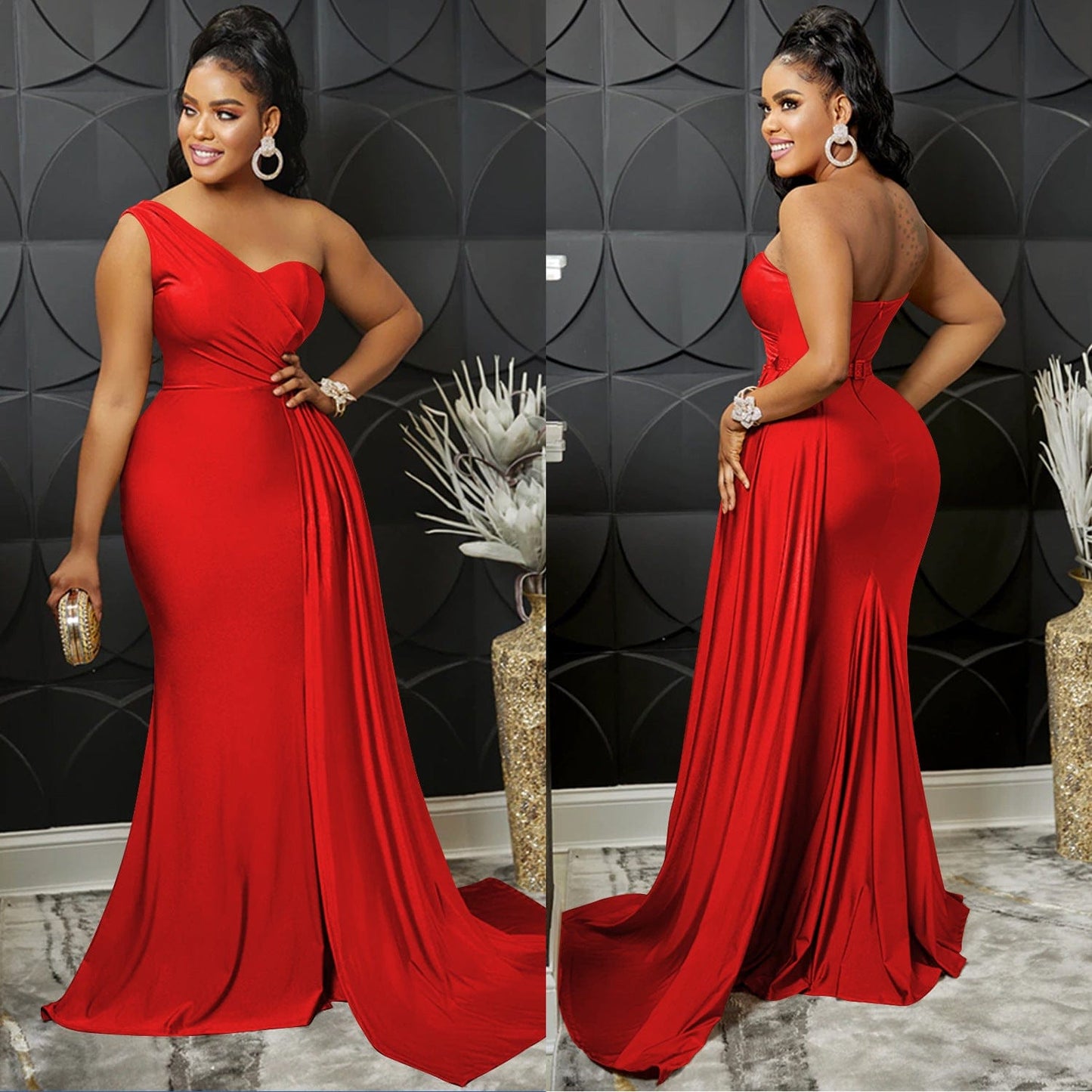 S4068F   Fashion Solid Color Party Tight One Shoulder Sleeve evening dresses women long