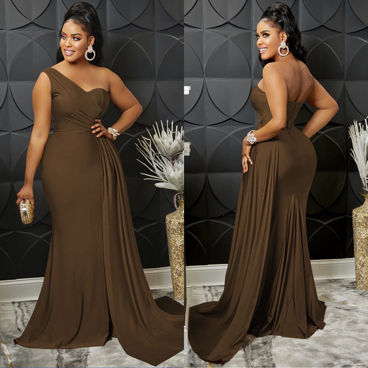 S4068F   Fashion Solid Color Party Tight One Shoulder Sleeve evening dresses women long