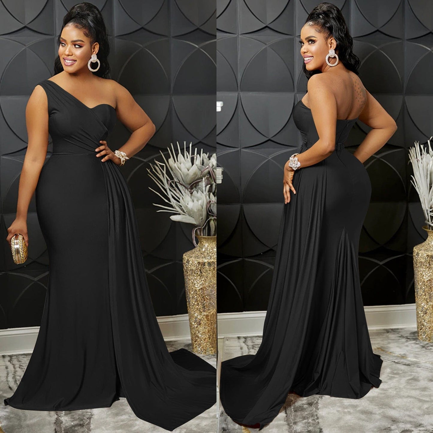 S4068F   Fashion Solid Color Party Tight One Shoulder Sleeve evening dresses women long