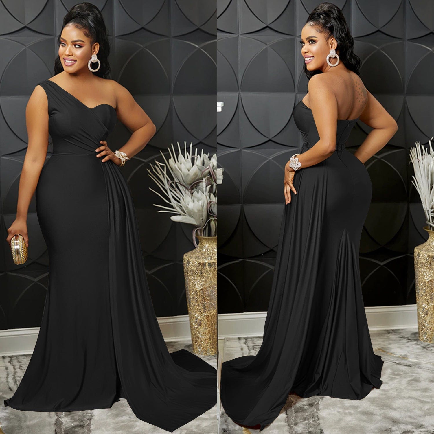 S4068F   Fashion Solid Color Party Tight One Shoulder Sleeve evening dresses women long